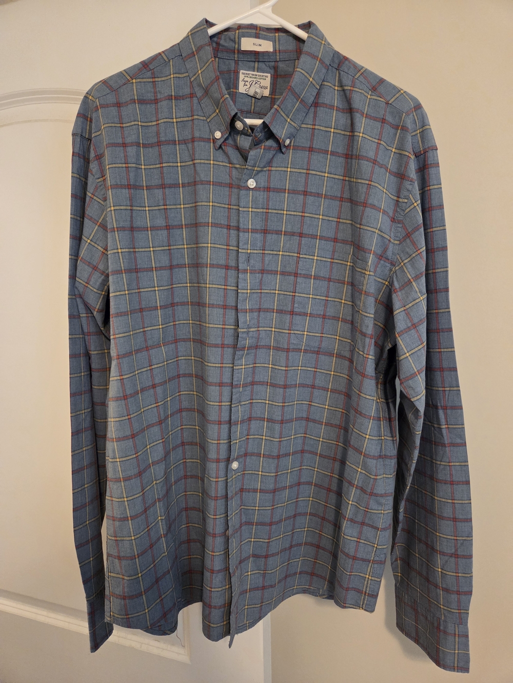 J. Crew Blue Plaid Button-Down Shirt with Red and Yellow Accents
